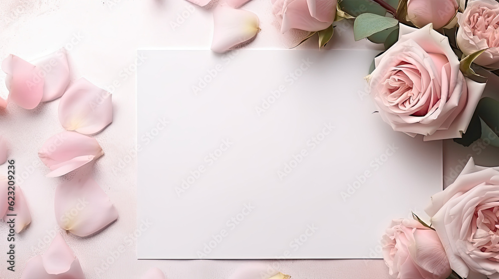 White blank greeting card on the pink background with flowers, love ...