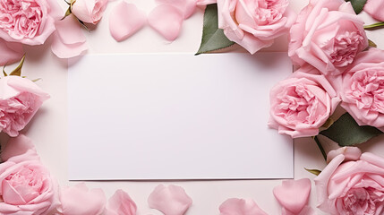 Wall Mural - White blank greeting card on the pink background with flowers, love letter