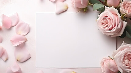 Wall Mural - White blank greeting card on the pink background with flowers, love letter