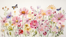 A Pastel Watercolor Drawing Of Small Colorful Flowers And Butterflies