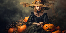 Woman In Large Hat And Black Witch Dress Sitting With Carved Pumpkin, Halloween, Wide