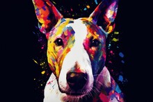 Portrait Of A Bull Terrier Dog Created With Bright Paint Splatters. Generative AI