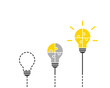 Process of an innovative idea concept with light bulb made of puzzle. Thinking, solution and innovation concept with shiny yellow lightbulb in the end. Vector illustration isolated on white background