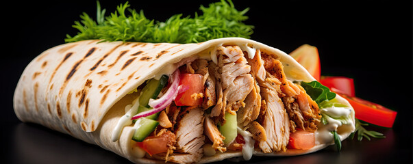 Shawarma sandwich gyro fresh roll chicken beef, grilled meat, mushrooms, cheese. Traditional Middle Eastern meal. wide banner