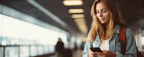 woman using smartphone in public areas, wide banner, copy space for text