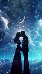 Wall Mural - An animated vertical video of a silhouetted couple sharing a kiss before blue toned clouds, sparkles, and stars. Created using some elements made with generative AI.