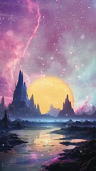 Wall Mural - An animated vertical video featuring a sun setting on a alien planet scape with swirling stars & nebula. Created using some elements made with generative AI.