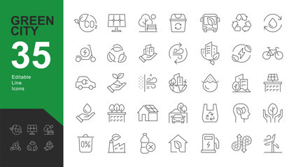 green city line editable icons set. vector illustration in modern thin line style of eco related ico