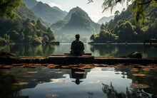 A Man Practicing Mindfulness And Meditation Or Yoga In A Peaceful Natural Environment Realistic Image, Ultra Hd, High Design Very Detailed