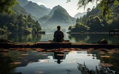 a man practicing mindfulness and meditation in a peaceful natural environment sony a7s realistic ima