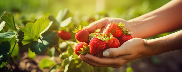 Wall Mural - Strawberries with hands, copy space for text.