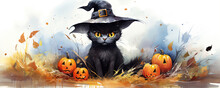 Black Cat With Pumpkins In Halloween Time. Cartoon Stzly Photo