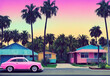 A pink car is parked on a street lined with one-story houses and palm trees. Ideal summer landscape.