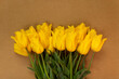 Beautiful fresh yellow tulips on brown background. Yellow flowers. Copy space. Space for text.