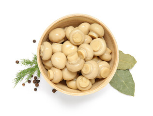 Wall Mural - Bowl of canned mushrooms isolated on white background