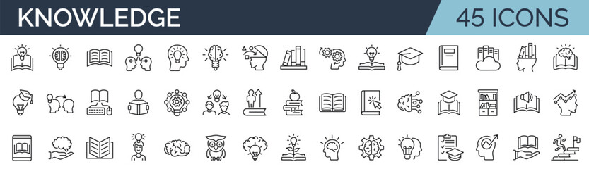 Set of 45 outline icons related to knowledge. Linear icon collection. Editable stroke. Vector illustration