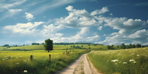 Wall Mural - AI Generated. AI Generative. Green field blue sky nature outdoor farming grass landscape background adventure explore road go move travel. Graphic Art