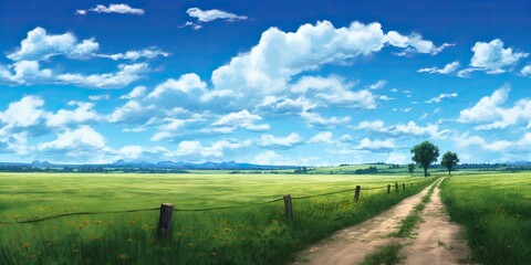 Wall Mural - AI Generated. AI Generative. Green field blue sky nature outdoor farming grass landscape background adventure explore road go move travel. Graphic Art