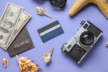 Sticker - Composition with credit card, money, photo camera and seashells on lilac background