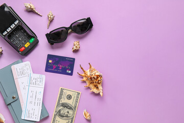 Sticker - Composition with payment terminal, credit card, tickets and sunglasses on lilac background