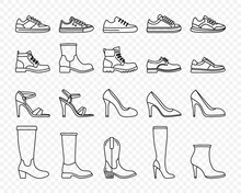 Flta Vector Linear Male And Female Shoes Icon Set Isolated. Sneakers, Shoes, Boots Footwear Icons.