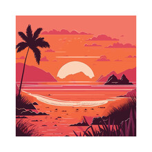 Evening On The Beach With Palm Trees. Illustration Of Tropical Beach. Colorful Picture For Rest. Summer Sunset Agains