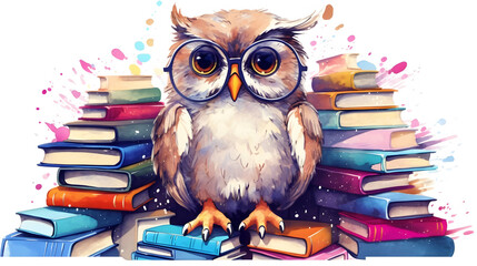 an owl wearing round glasses, next to a pile of books in different colors. on a white background. ca