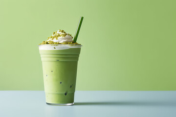 Delicious sweet pistachio milkshake with whipped cream in glass. Milkshake with cream and pistachios isolated on a flat green background with copy space. Generative AI 3d render illustration.