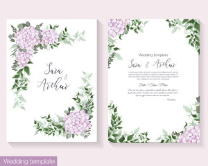 Wall Mural - Floral vector template for invitations for wedding or other celebration. Pink hydrangea, eucalyptus, different plants and leaves. . Vector illustration