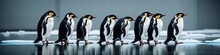 Funny Image Created By Generative AI Of Several Penguins In A Row Walking On The Ice.