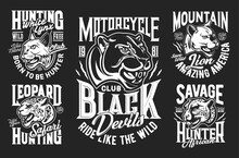 Cheetah, Leopard, Puma, Lynx And Mountain Lion Mascots And T-shirt Prints. Bikers Motorcycle Club, African Safari Hunting Travel Or Nature Park Clothing, T-shirt Monochrome Vector Print With Wild Cats