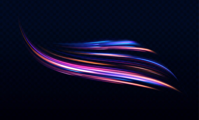 abstract image of speed motion on the road. vector glitter light fire flare trace. dark blue abstrac