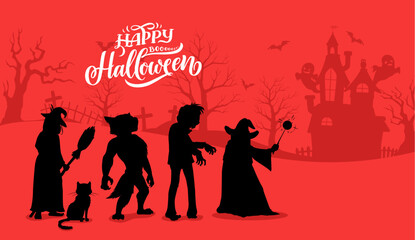 Wall Mural - Halloween characters silhouettes. Vector background with zombie, witch, black cat, wizard and werewolf spooky personages on cemetery with old castle. Night graveyard with tombs, scary trees and bats