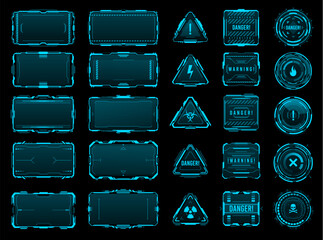 Leinwandbilder - HUD danger and warning interface frames of futuristic cyber technology, vector UI. HUD danger alert and warning frames for game dashboard screen, caution or hazard danger message box hologram