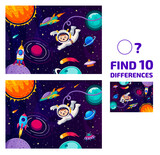 Fototapeta Kosmos - Find ten differences at galaxy landscape, astronaut in outer space and rocketship, vector puzzle game. Cartoon spaceman with alien UFO and rocket spaceship in kids quiz to find ten differences