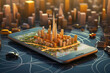 © Lazy_Bear - Virtual city in smartphone screen. Augmented reality cityscape. Using technology device in road trip. Created with Generative AI