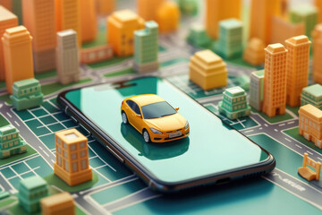 Virtual city and car in it in smartphone screen. Augmented reality cityscape. Using technology device in road trip for navigation. Created with Generative AI