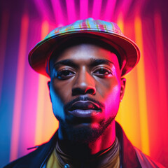 Wall Mural - Black man fashion portrait on abstract colorful background. Afro american male model looking at camera, neon colored lighting. Created with Generative AI