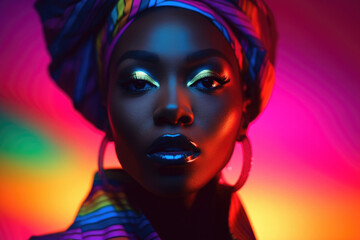 Wall Mural - Black woman fashion portrait on abstract colorful background. Afro american female model looking at camera, neon colored lighting. Created with Generative AI