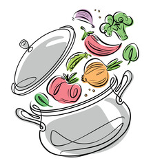 Food preparation. Fresh vegetables and a kitchen pot with lid. Cooking vector illustration