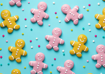 Wall Mural - Colorful pastel tasty Christmas cookies on a minimal background. Ginger man. Generative AI.