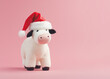 A cute adorable plush cow with a Santa Claus red cap on a minimalist pastel pink background with copy space. Generative AI.