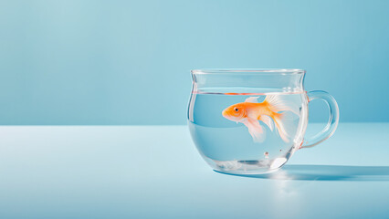 A goldfish in a clear glass cup for tea on a minimalist pastel blue background. Generative AI.
