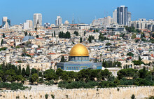 Jerusalem Old City Panorama With Dome Of The Rock Viewed From The Mount Of Olives, Israel.