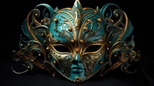 Exotic Mask On The Face, In The Style Of Venetian Scenes, Carnival, Turquoise And Amber. Generative AI
