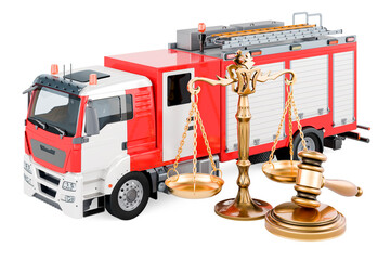 Wall Mural - Fire engine truck with wooden gavel and scales of justice. 3D rendering