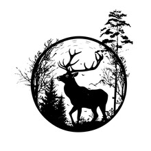 A Black Silhouette Of A Deer Standing Among The Trees On The Grass. Vector Illustration Of A Forest With Pine Tree In Circle.