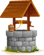 Cartoon farm stone water well with wooden bucket, vector old ancient village water tank. Rustic farm well with wooden roof and bucket on rope on pulley, countryside drinking source or brick stone well