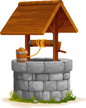 Cartoon Farm Stone Water Well With Wooden Bucket, Vector Old Ancient Village Water Tank. Rustic Farm Well With Wooden Roof And Bucket On Rope On Pulley, Countryside Drinking Source Or Brick Stone Well