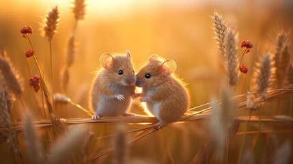 abstract wheat field with a cute pare of mice hugging each other. love and friendship concept. sunse